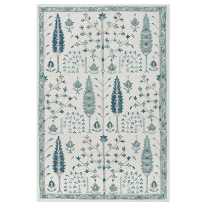 9' X 12' Ivory and Blue Wool Floral Hand Tufted Area Rug