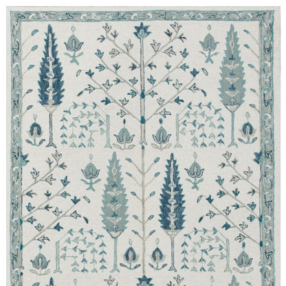 9' X 12' Ivory and Blue Wool Floral Hand Tufted Area Rug