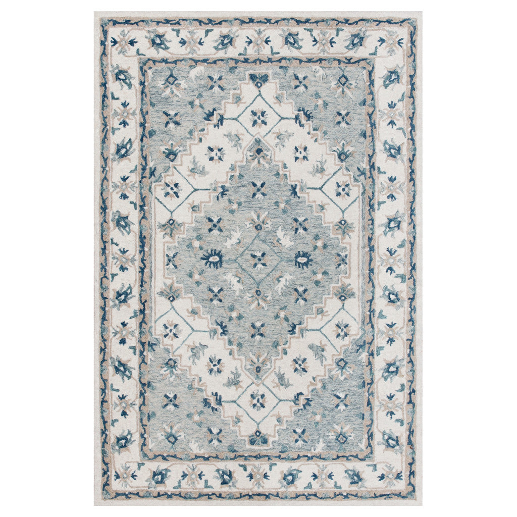 5' X 8' Blue and Ivory Wool Floral Hand Tufted Area Rug