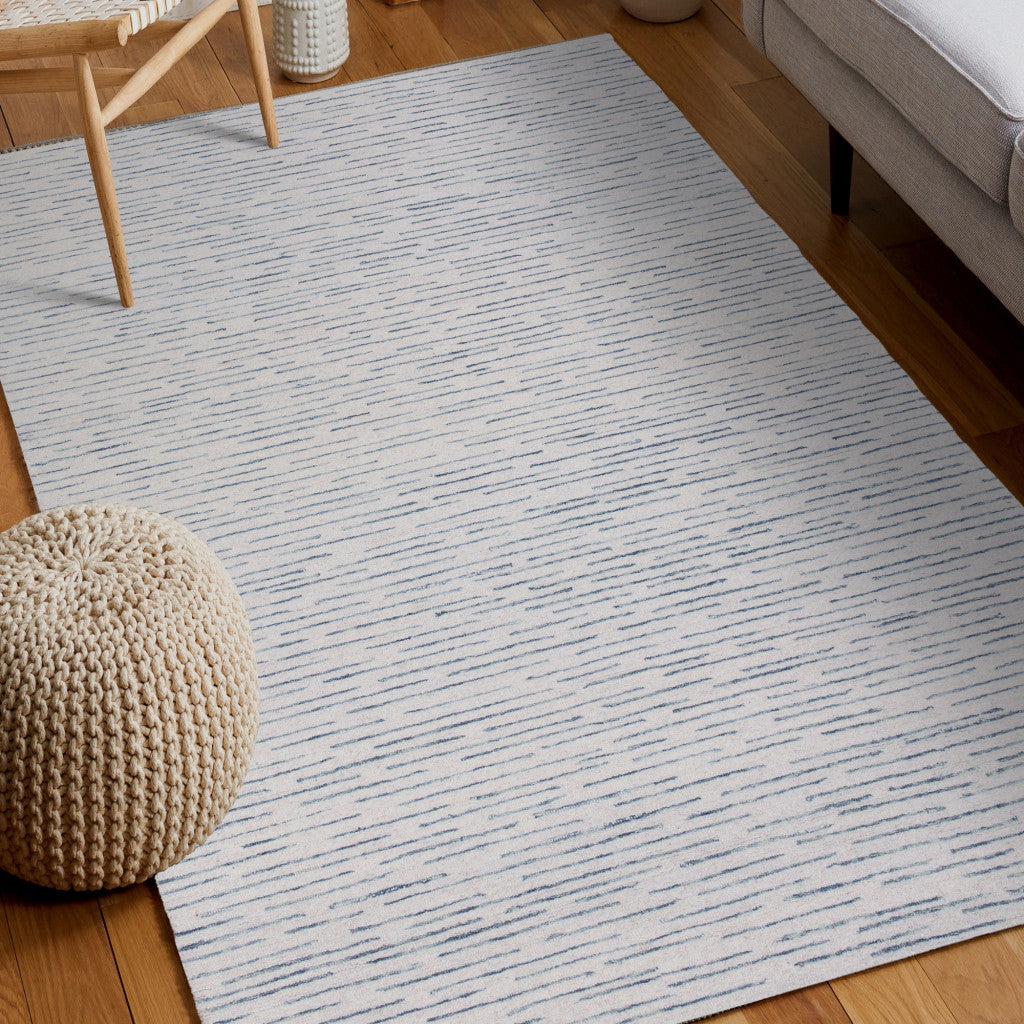 8' X 10' Ivory and Blue Wool Striped Hand Tufted Area Rug