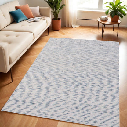 8' X 10' Ivory and Blue Wool Striped Hand Tufted Area Rug