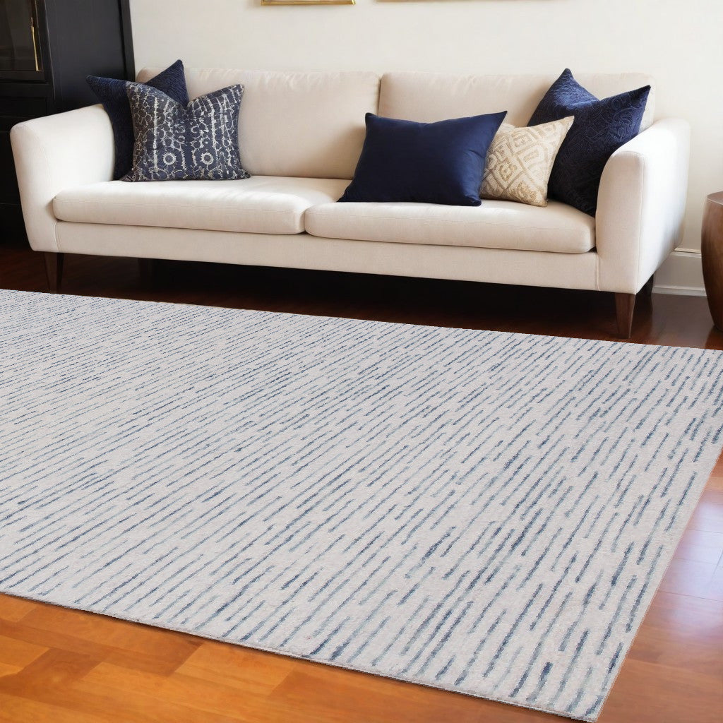 8' X 10' Ivory and Blue Wool Striped Hand Tufted Area Rug