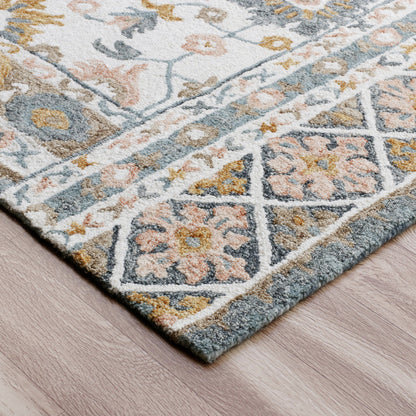 9' X 12' Blue and Ivory Wool Floral Hand Tufted Area Rug