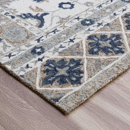 9' X 12' Blue and Ivory Wool Floral Hand Tufted Area Rug