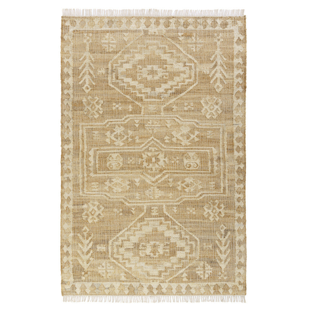 9' X 12' Natural and Ivory Medallion Hand Woven Area Rug