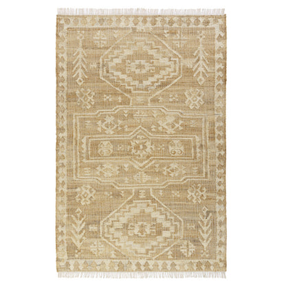 9' X 12' Natural and Ivory Medallion Hand Woven Area Rug