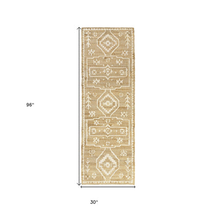 9' X 12' Natural and Ivory Medallion Hand Woven Area Rug