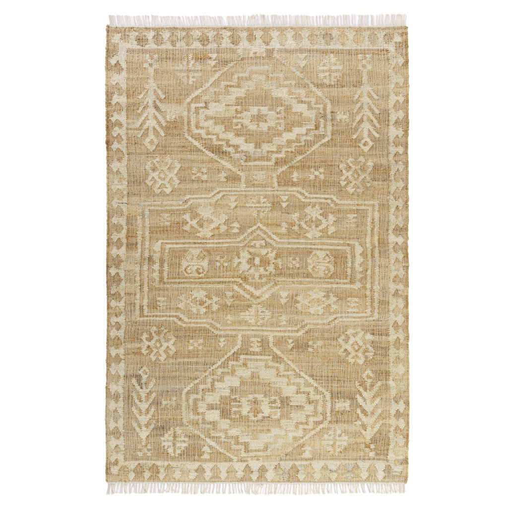 9' X 12' Natural and Ivory Medallion Hand Woven Area Rug