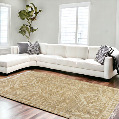 9' X 12' Natural and Ivory Medallion Hand Woven Area Rug