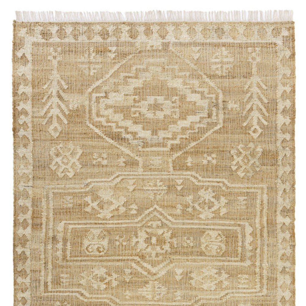 9' X 12' Natural and Ivory Medallion Hand Woven Area Rug