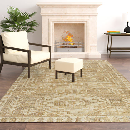 9' X 12' Natural and Ivory Medallion Hand Woven Area Rug