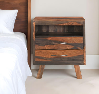 30" Dark Brown Two Drawer Live Edge Solid Wood Nightstand