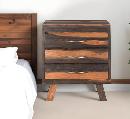 30" Dark Brown Three Drawer Live Edge Solid Wood Nightstand