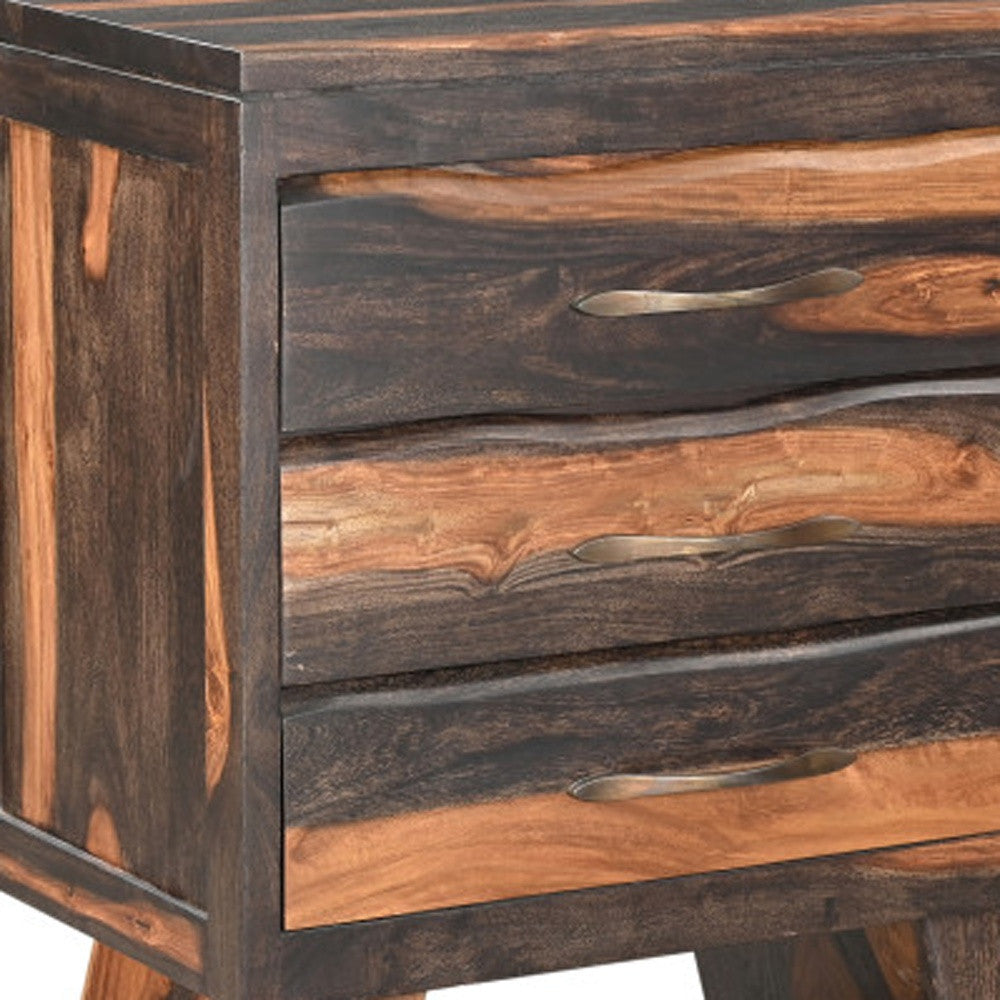 30" Dark Brown Three Drawer Live Edge Solid Wood Nightstand