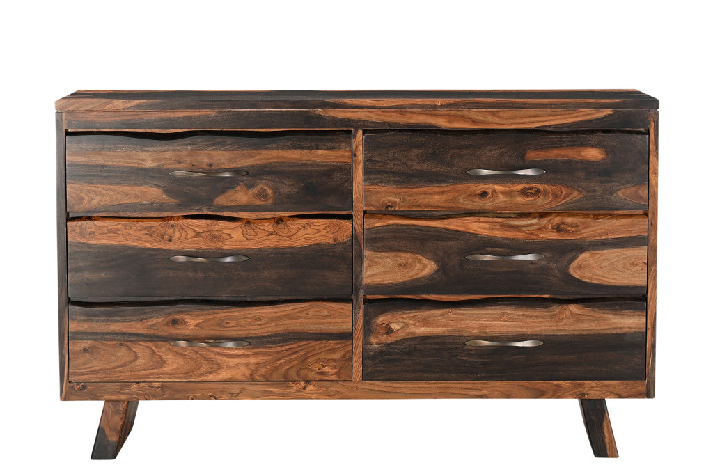 63" Dark Brown Solid Wood Live Edge Six Drawer Double Dresser