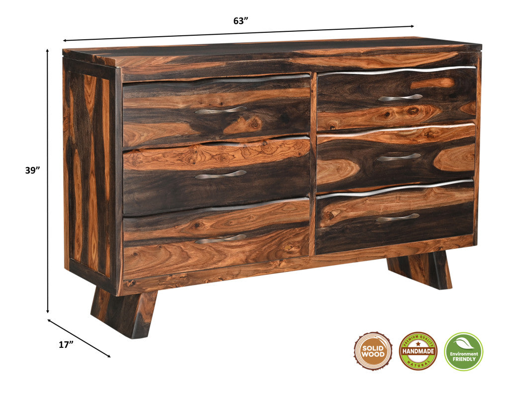 63" Dark Brown Solid Wood Live Edge Six Drawer Double Dresser