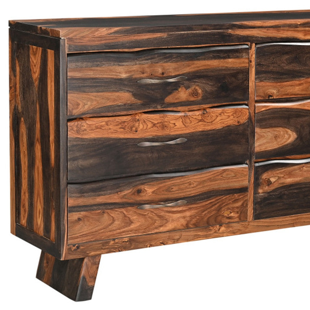 63" Dark Brown Solid Wood Live Edge Six Drawer Double Dresser