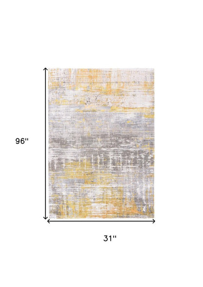 10' Gray And Yellow Abstract Runner Rug