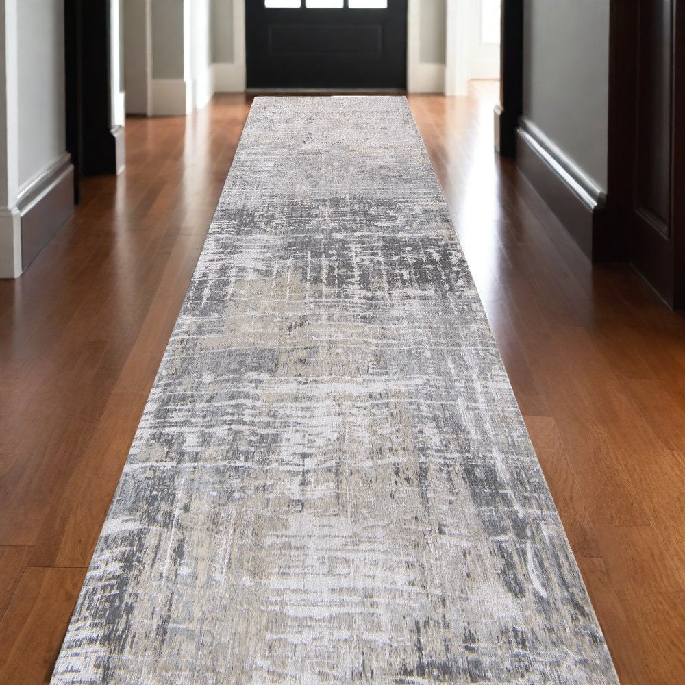 10' Gray And White Abstract Runner Rug