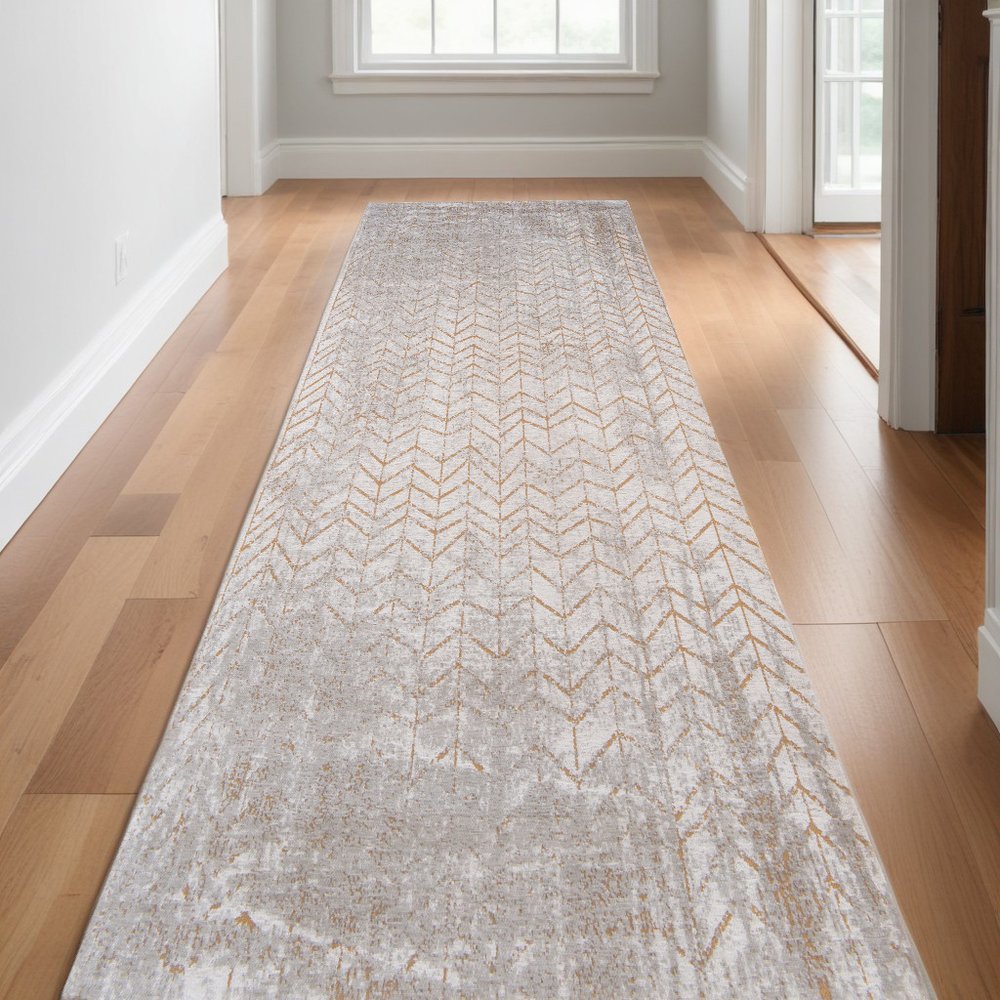 10' Gray And Yellow Chevron Runner Rug