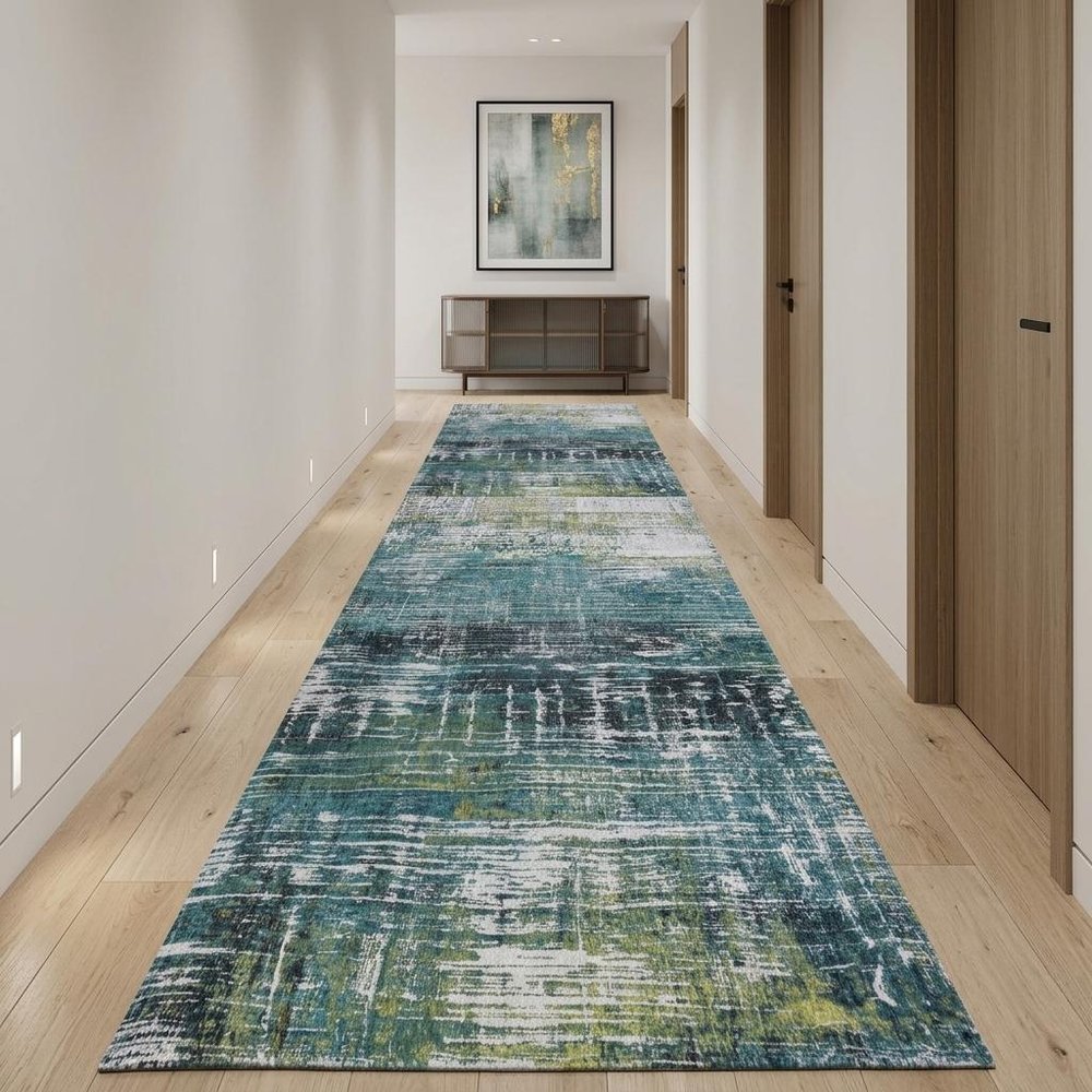 10' Blue And Green Abstract Runner Rug