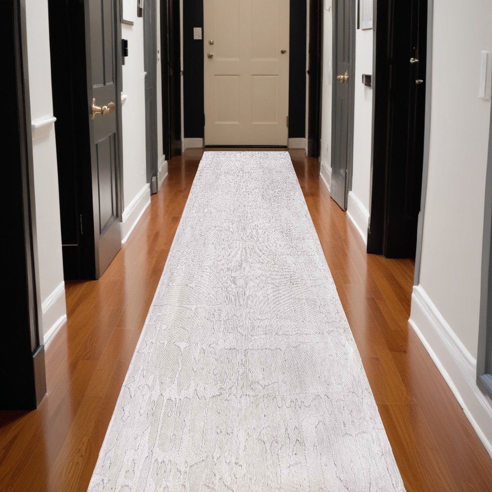 10' White Abstract Runner Rug