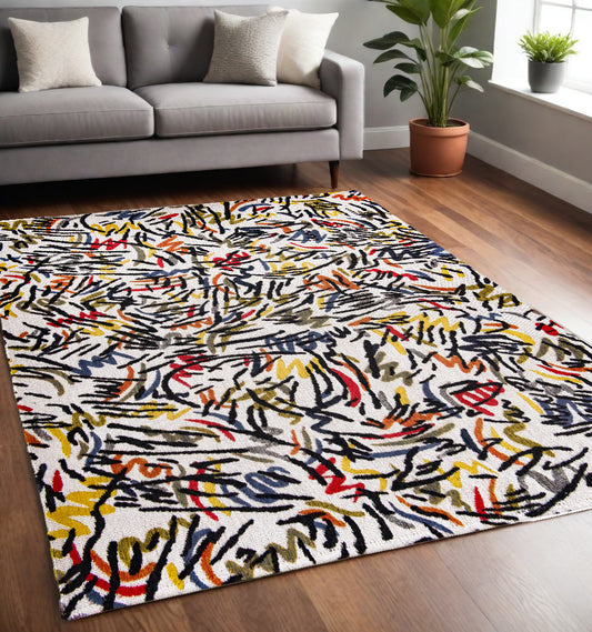 5' X 7' White Abstract Non Skid Area Rug