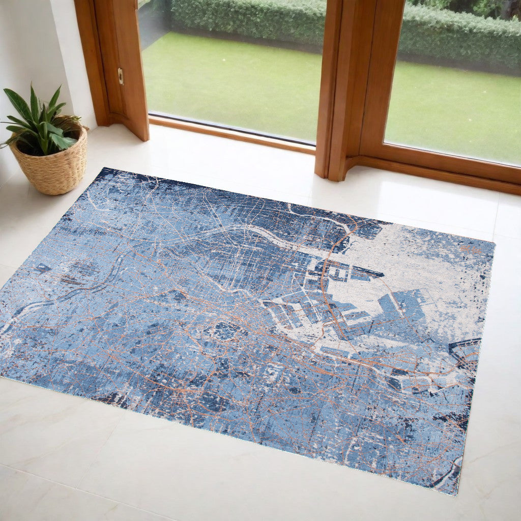 3' X 5' Blue and Black Abstract Non Skid Area Rug