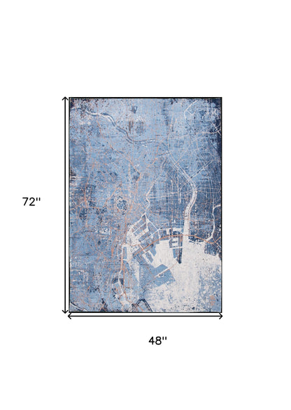 5' X 7' Blue and Black Abstract Non Skid Area Rug