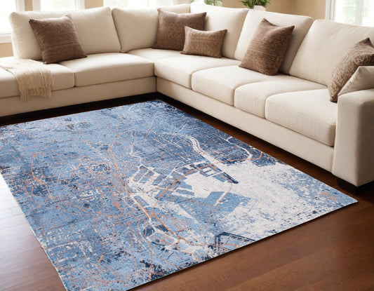 5' X 7' Blue and Black Abstract Non Skid Area Rug