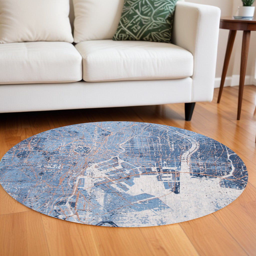 8' Blue and Black Round Abstract Non Skid Area Rug