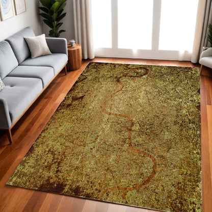 5' X 7' Green and Brown Abstract Non Skid Area Rug