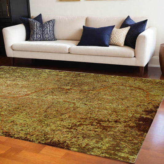 6' X 8' Green and Brown Abstract Non Skid Area Rug