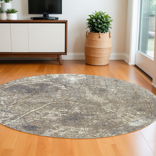 8' Gray and White Round Abstract Non Skid Area Rug