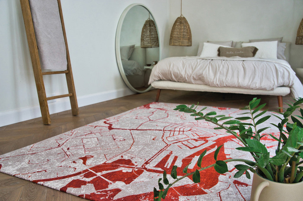 5' X 7' Red and White Abstract Non Skid Area Rug