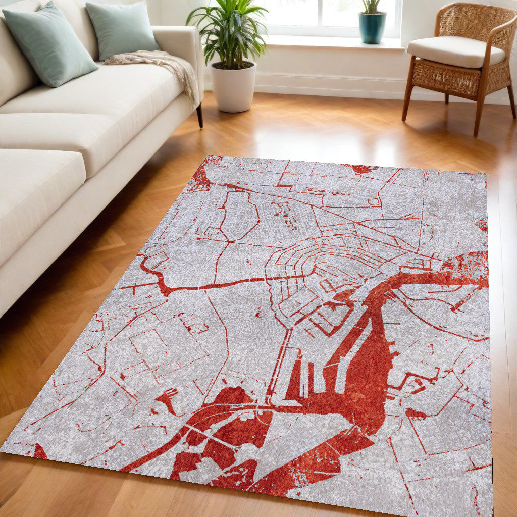 5' X 7' Red and White Abstract Non Skid Area Rug