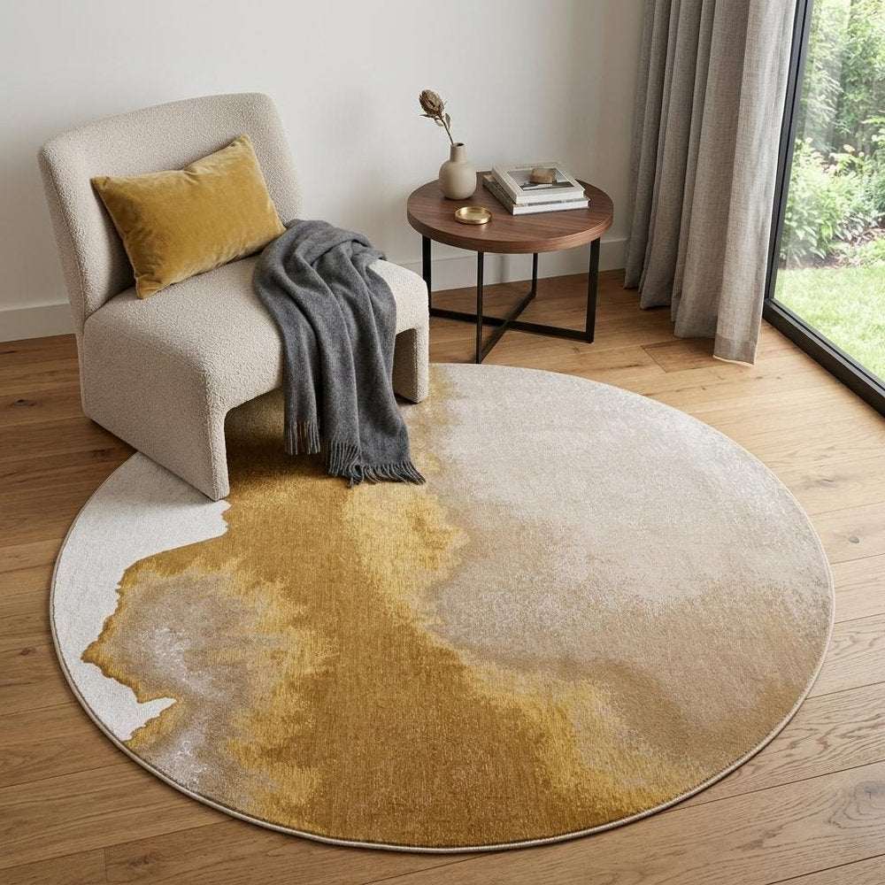 5' Gray and Yellow Round Abstract Non Skid Area Rug