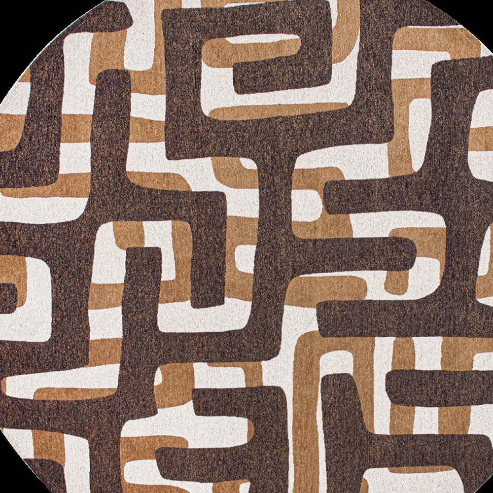 8' Yellow and Brown Round Abstract Non Skid Area Rug