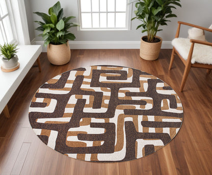 8' Yellow and Brown Round Abstract Non Skid Area Rug