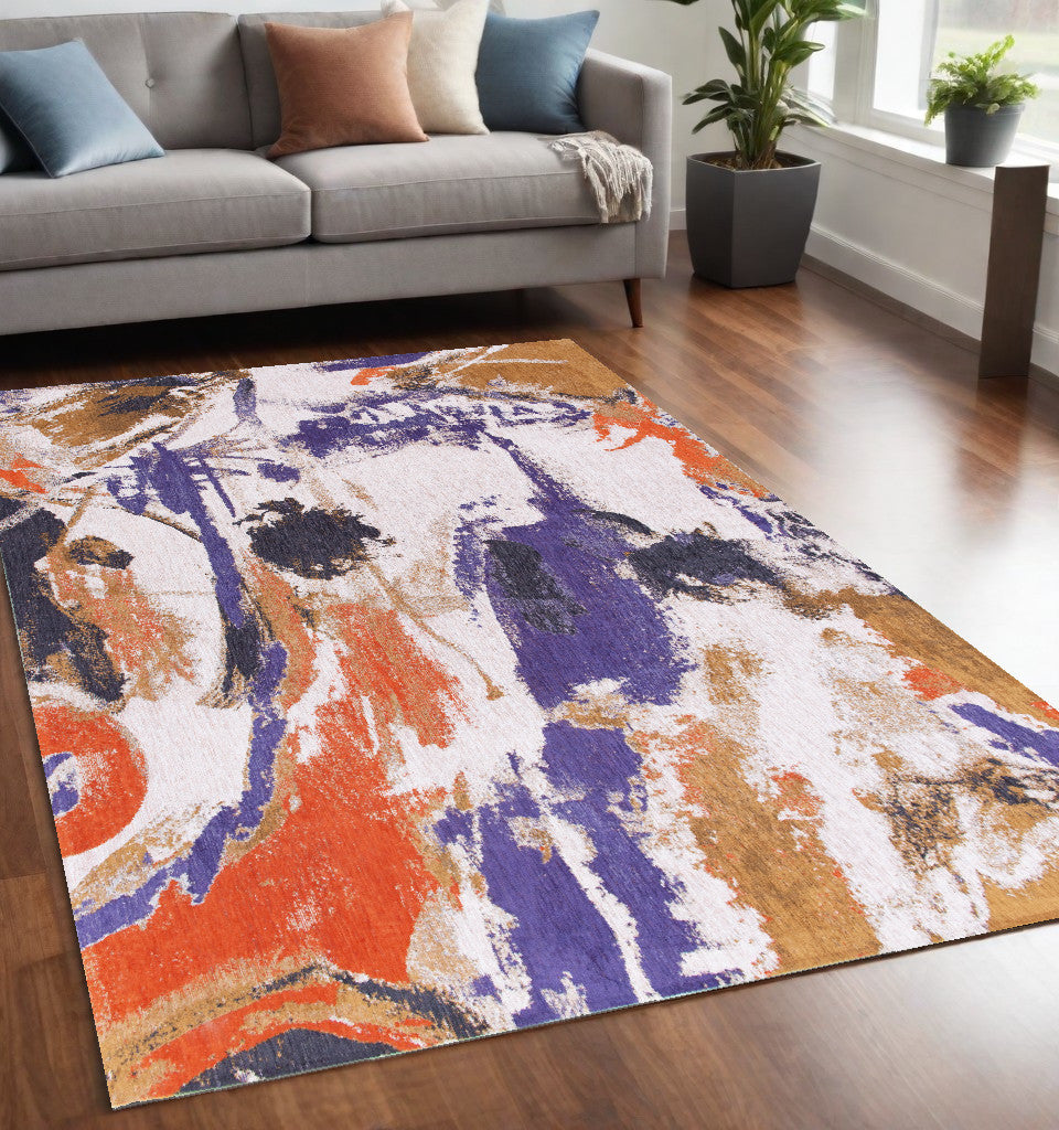 5' X 7' Purple and White Abstract Non Skid Area Rug