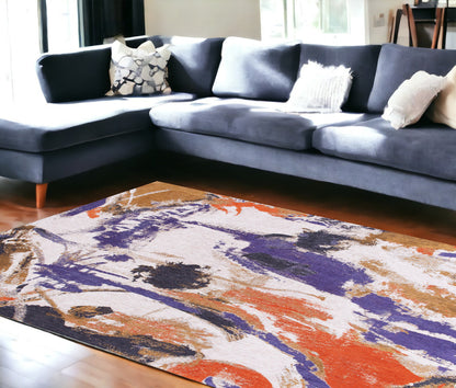 7' X 9' Purple and White Abstract Non Skid Area Rug