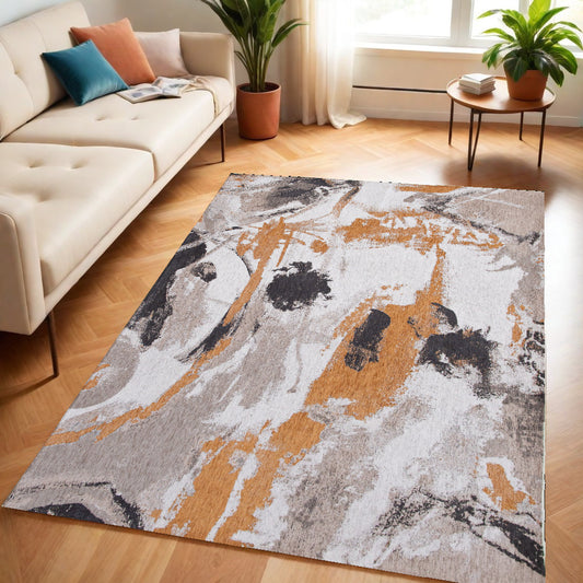 5' X 7' Gray and White Abstract Non Skid Area Rug