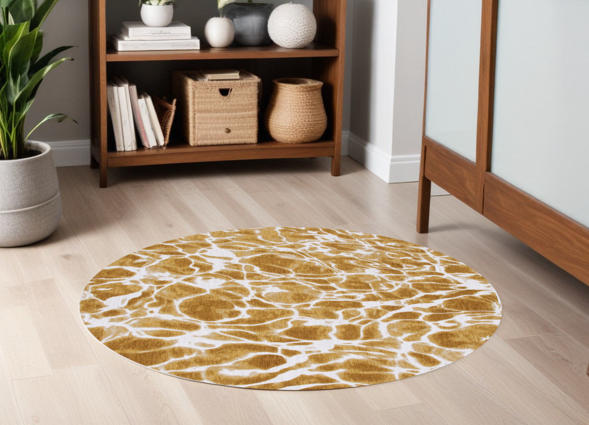 5' Yellow and Brown Round Abstract Non Skid Area Rug