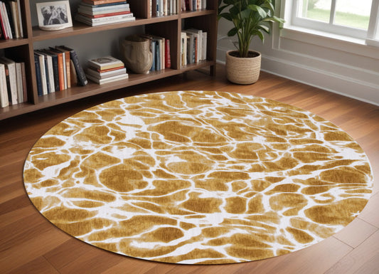 8' Yellow and Brown Round Abstract Non Skid Area Rug