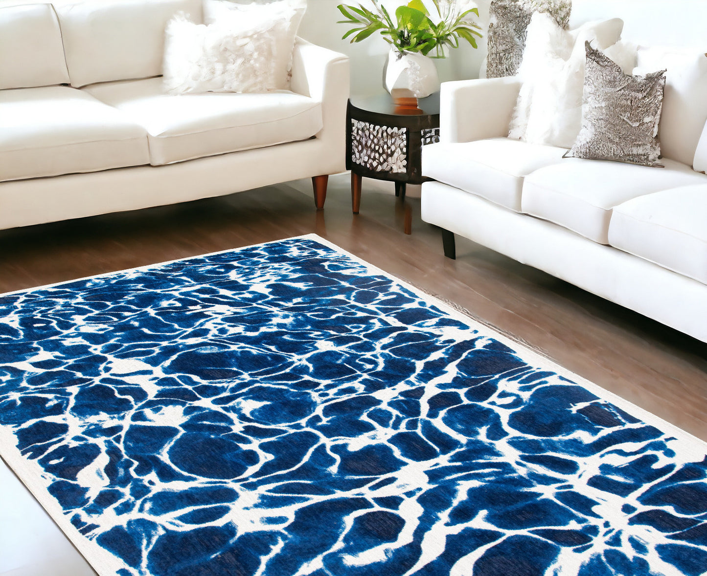 7' X 9' Blue and White Abstract Non Skid Area Rug