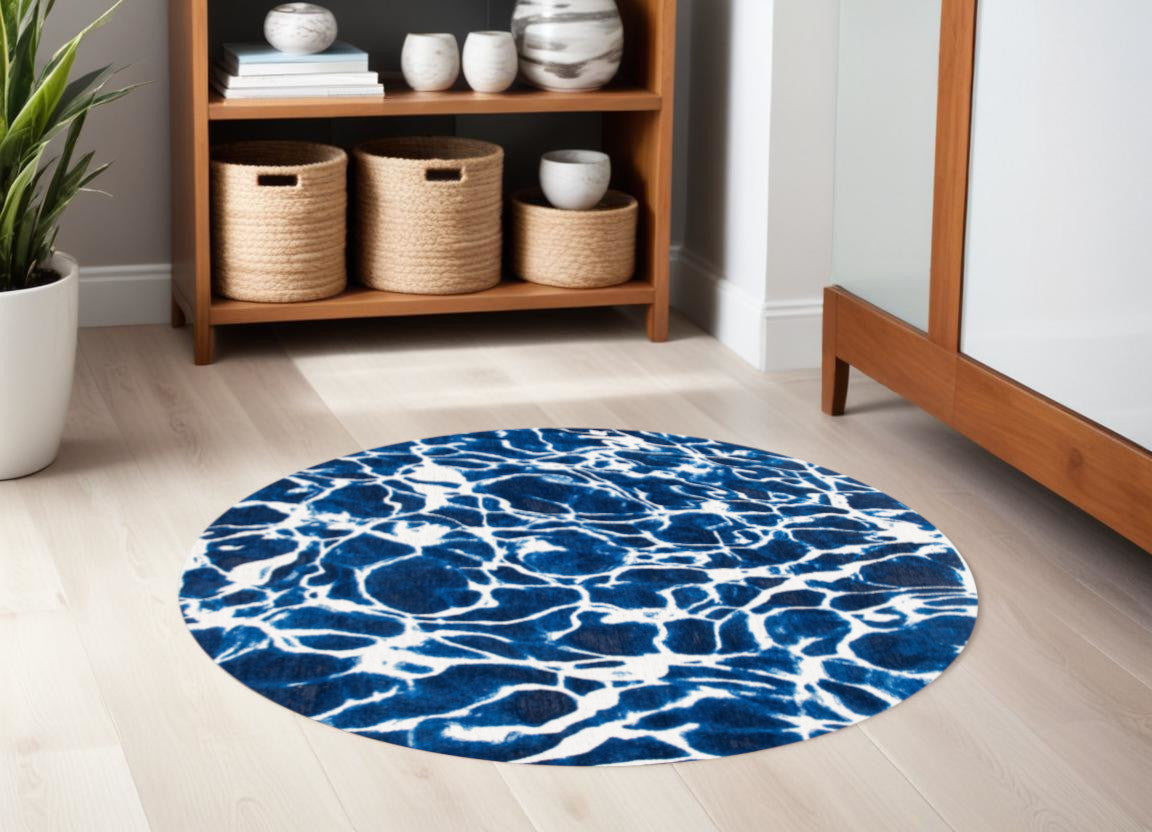 5' Blue and White Round Abstract Non Skid Area Rug