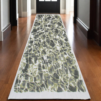 10' Green and White Abstract Non Skid Area Rug