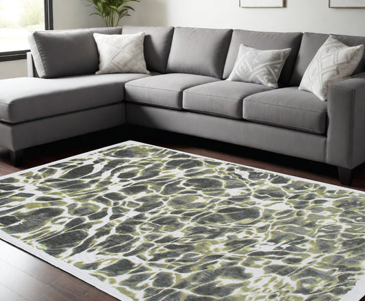 9' X 13' Green and White Abstract Non Skid Area Rug