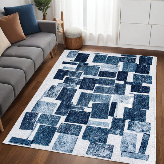 5' X 7' Blue and White Geometric Non Skid Area Rug