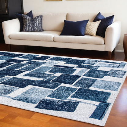 7' X 9' Blue and White Geometric Non Skid Area Rug